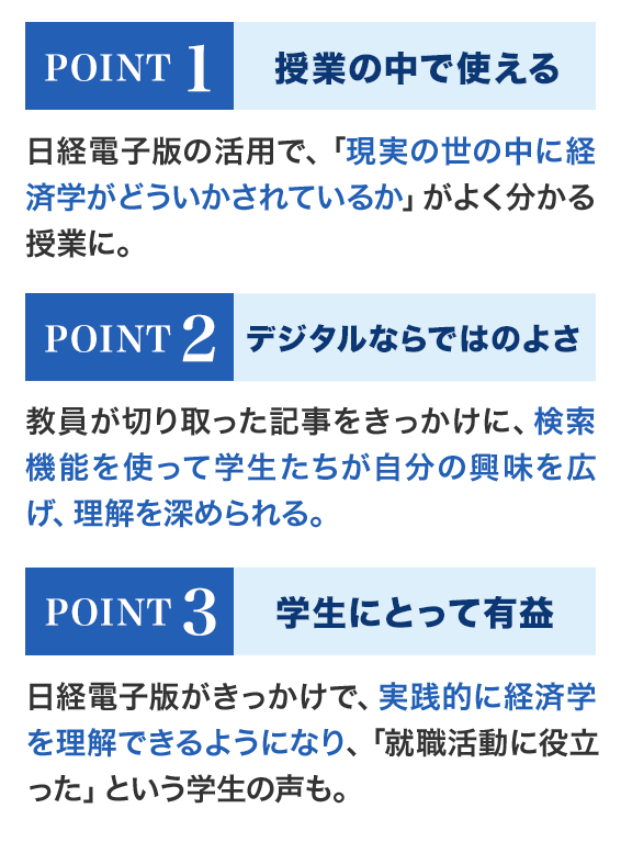 POINT1 授業の中で使える POINT2 デジタルならではのよさ POINT3 学生にとって有益